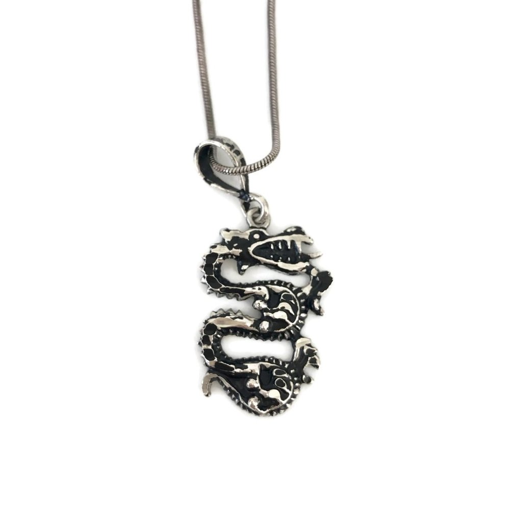 Sterling Silver Serpent Dragon Pendant Necklace